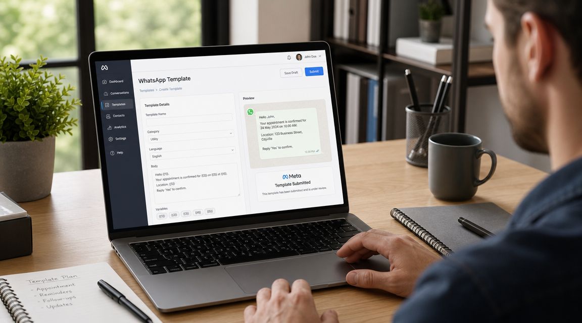Homem trabalhando em um notebook configurando um modelo de mensagem no WhatsApp Business para disparos em massa.