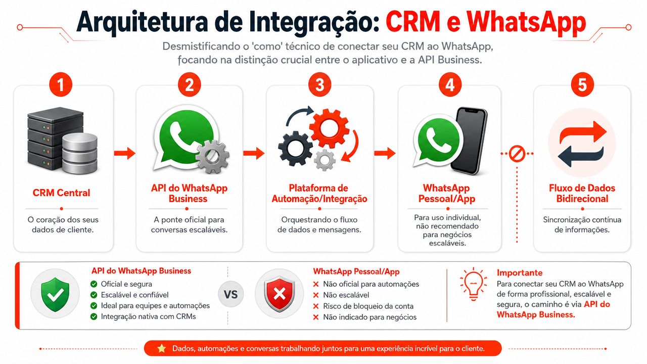 Diagrama de arquitetura técnica mostrando a integração entre sistemas CRM e a API do WhatsApp Business.