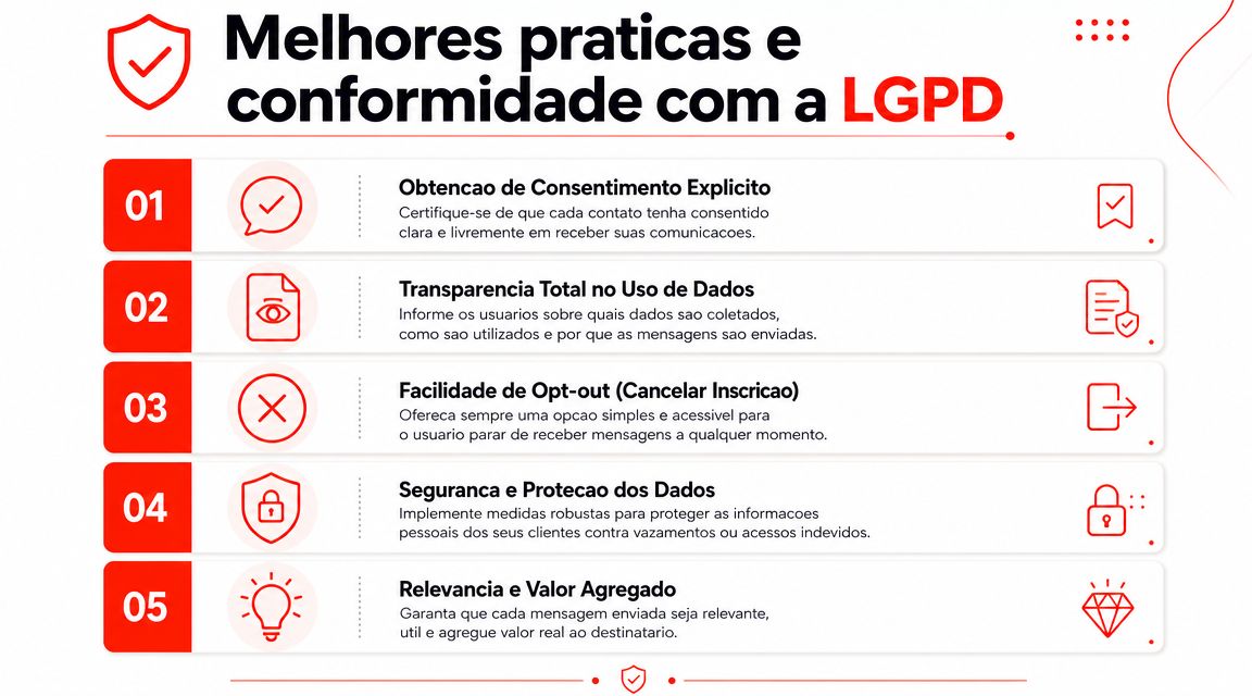 Infográfico com cinco melhores práticas e conformidade com a LGPD para envio de mensagens de broadcast.