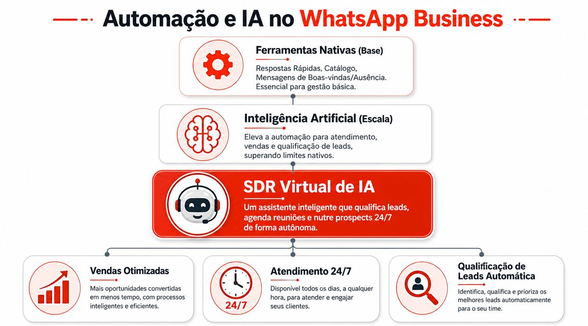 Fluxograma mostrando a evolução da automação e IA no WhatsApp Business para otimização de vendas e atendimento.