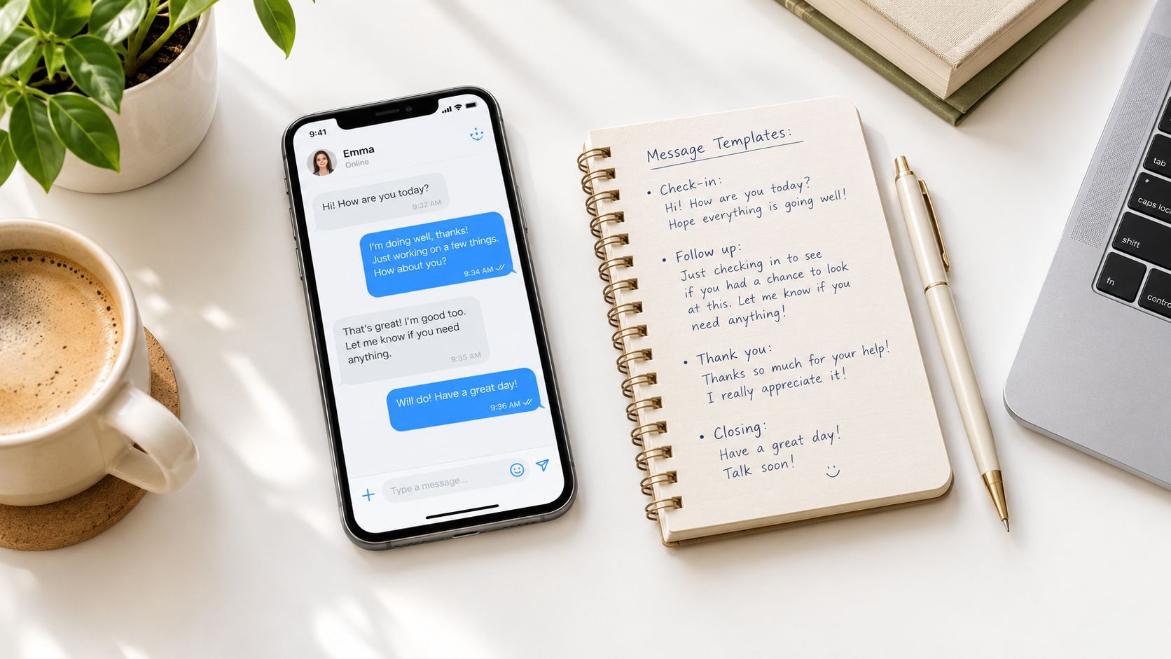 Smartphone mostrando conversa de mensagem ao lado de um caderno com exemplos de textos de acompanhamento comercial.
