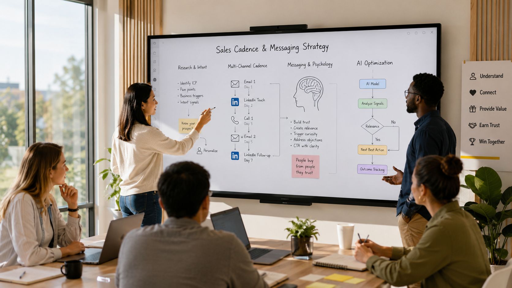 Equipe de vendas colaborando em uma estratégia de prospecção usando inteligência artificial em uma sala de reuniões.