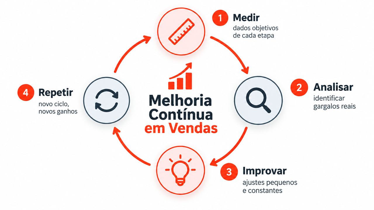 Diagrama de ciclo de quatro etapas ilustrando o processo de melhoria contínua em vendas empresariais.