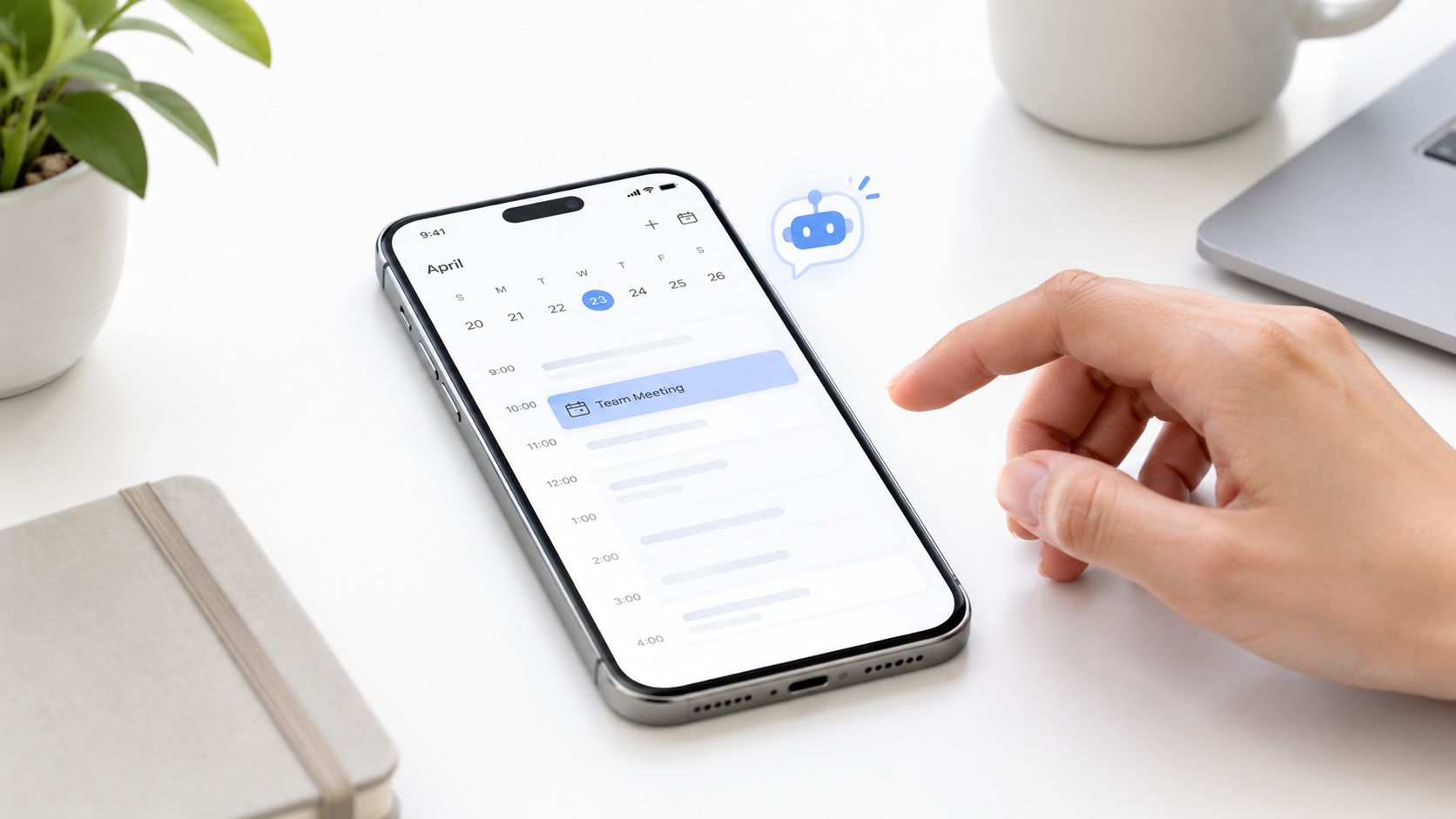 Uma mão interage com um smartphone exibindo um aplicativo de calendário com agendamento de reuniões.
