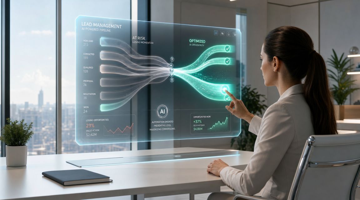 Uma executiva interage com um painel holográfico futurista de gestão de leads usando tecnologia de inteligência artificial.