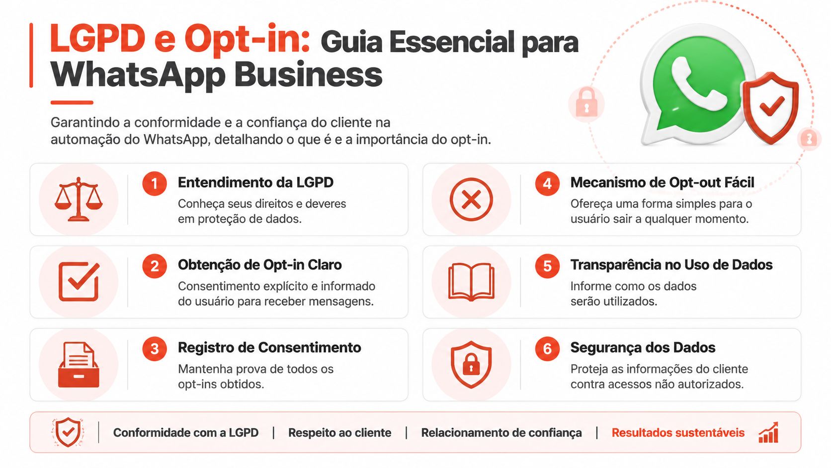 Infográfico sobre LGPD e opt-in no WhatsApp Business, destacando diretrizes para conformidade e confiança do cliente.