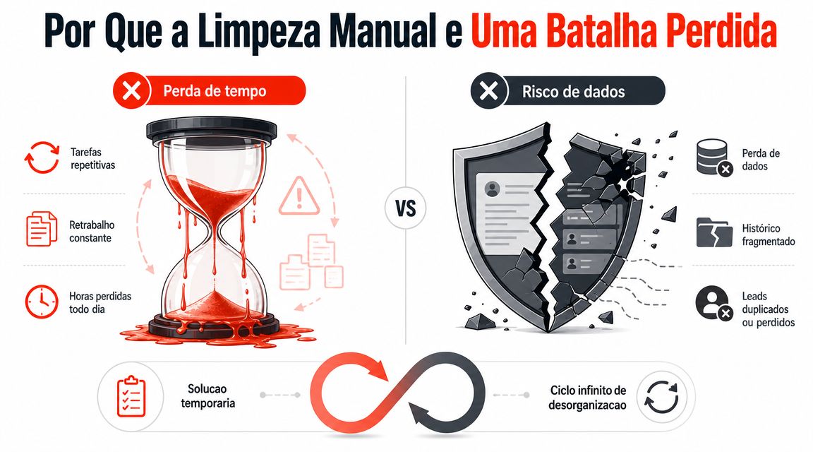 Infográfico ilustrando problemas de limpeza manual de dados como perda de tempo e riscos de segurança.