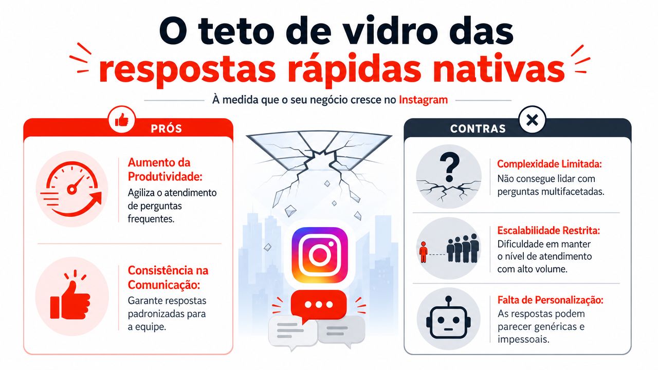 Infográfico comparando prós e contras das respostas rápidas nativas do Instagram para atendimento ao cliente.