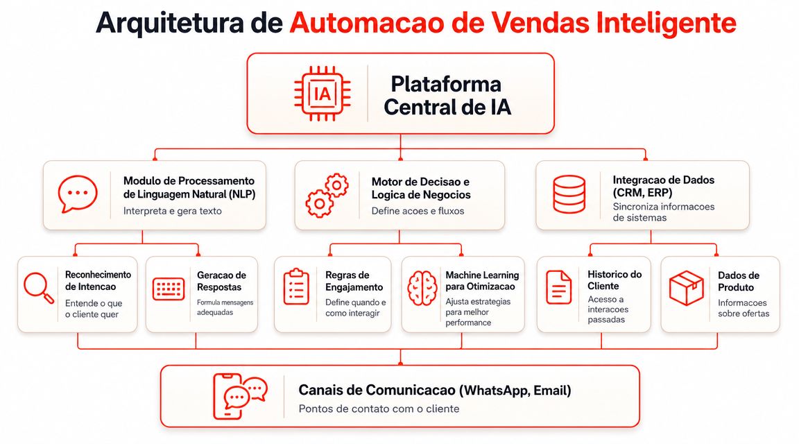Diagrama detalhado da arquitetura de um sistema de automação de vendas inteligente baseado em inteligência artificial.