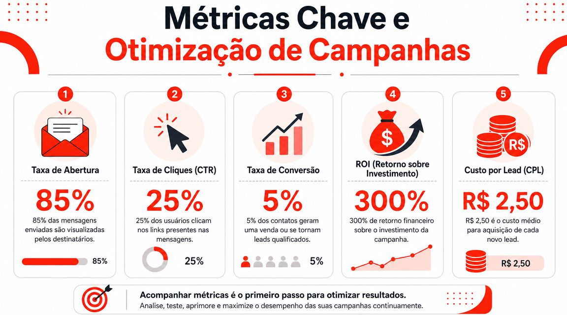 Infográfico detalhando cinco métricas principais para otimização de campanhas de marketing, incluindo taxas e indicadores financeiros.