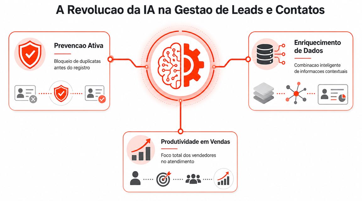 Infográfico ilustrando como a inteligência artificial otimiza a gestão de leads, prevenindo duplicatas e aumentando vendas.