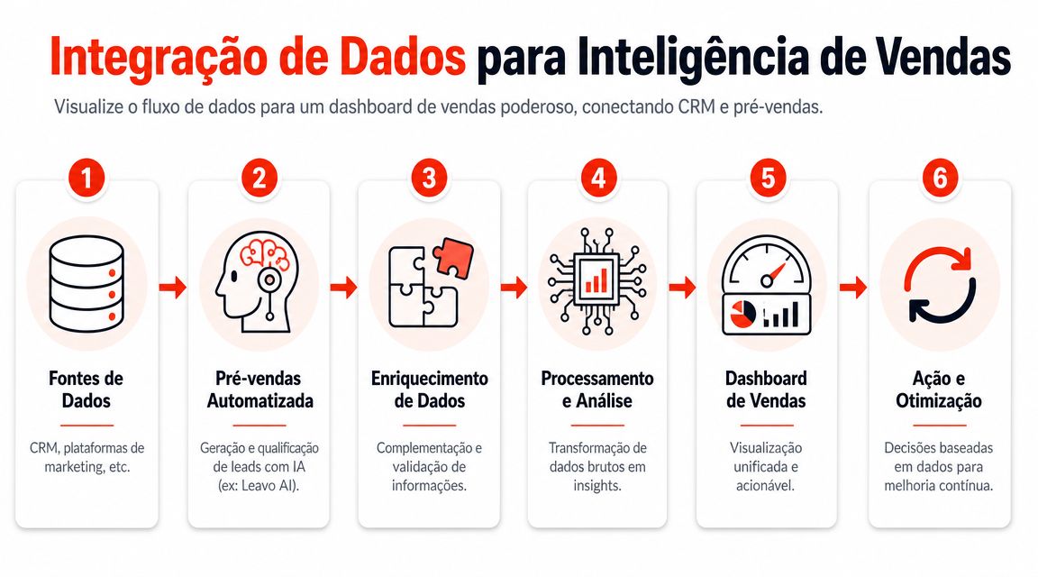 Fluxo de seis etapas integrando dados para criar um dashboard de inteligência de vendas eficiente.