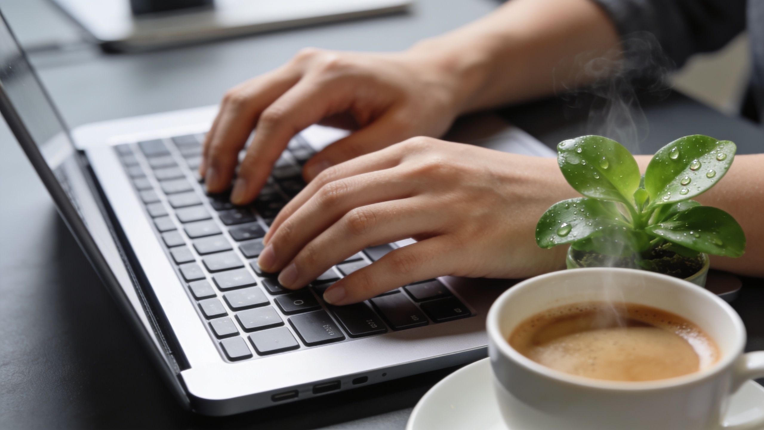 Pessoa digitando em um laptop moderno em uma mesa com café quente e uma pequena planta.