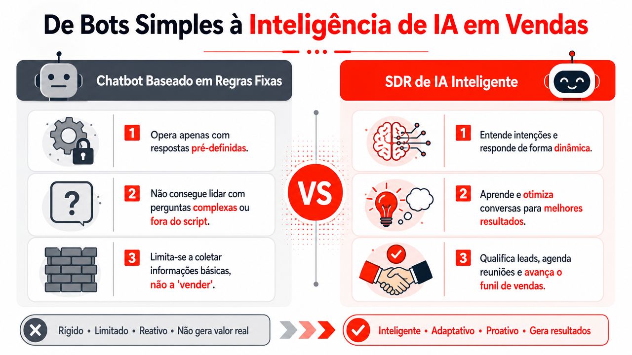 Comparativo entre chatbots de regras fixas e SDR de IA inteligente para estratégias de vendas digitais.