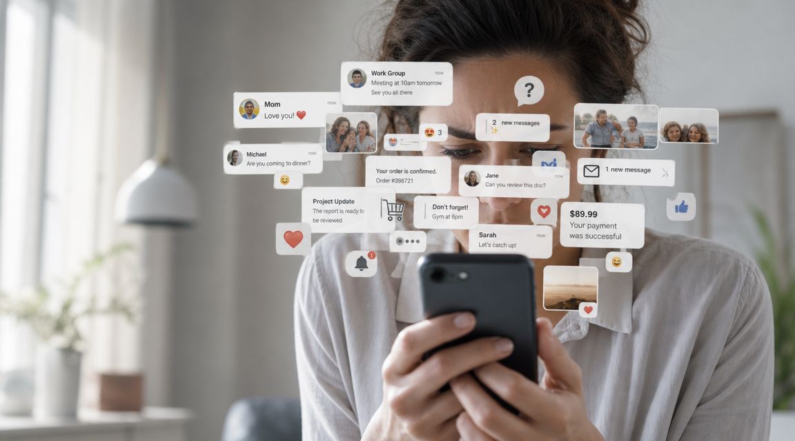Uma mulher visivelmente sobrecarregada segurando um smartphone cercado por múltiplas notificações de aplicativos digitais flutuantes.