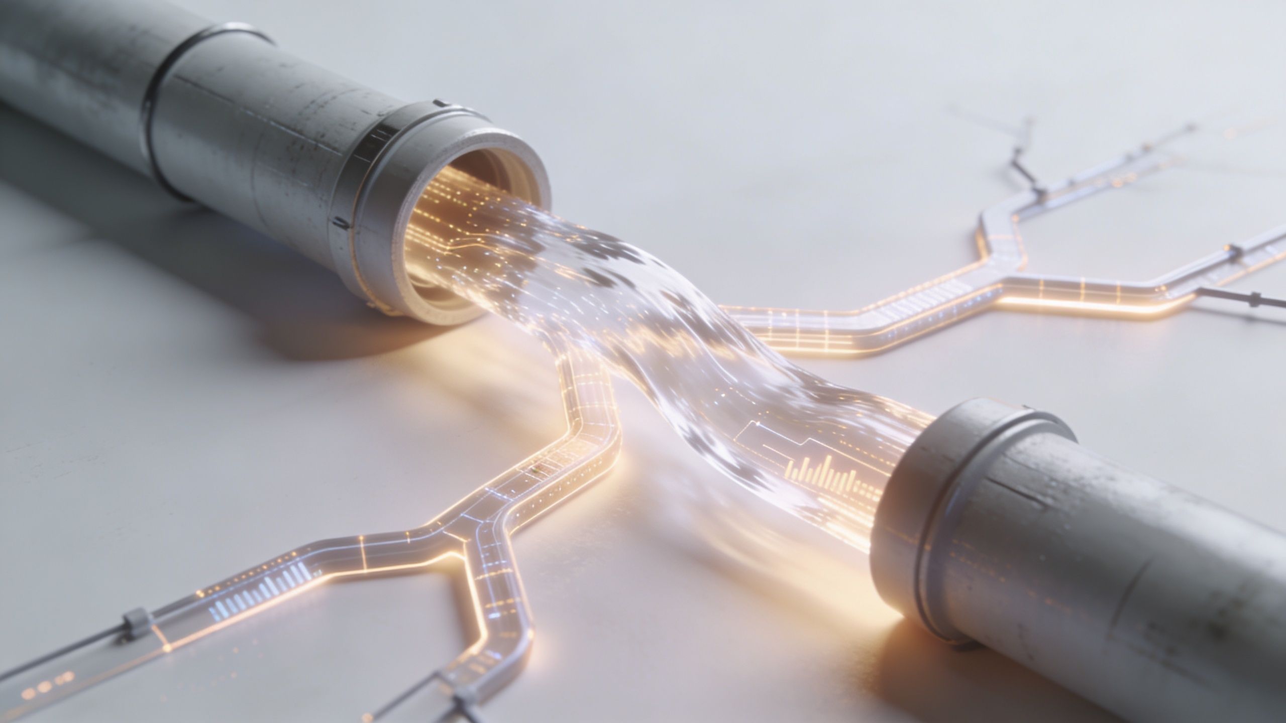 Representação digital de fluxo de dados conectando tubulações industriais futuristas com circuitos iluminados e informações gráficas.