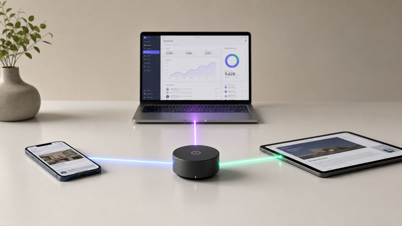 Dispositivo central conectado a smartphone, tablet e notebook em um ambiente de escritório moderno e organizado.
