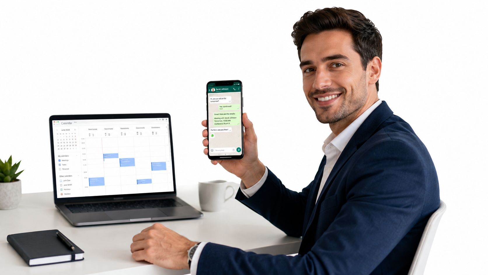 Homem de negócios sorridente usando laptop e smartphone para agendar compromissos de trabalho no escritório.