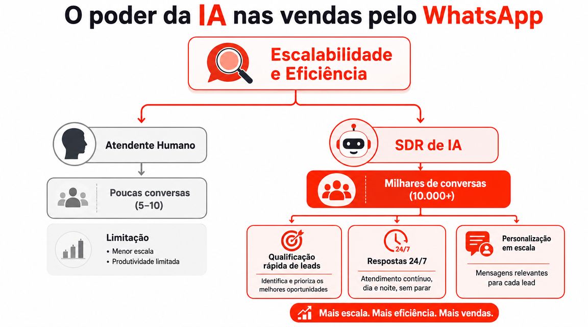 Fluxograma comparando a eficiência de atendentes humanos versus SDR de inteligência artificial em vendas pelo WhatsApp.
