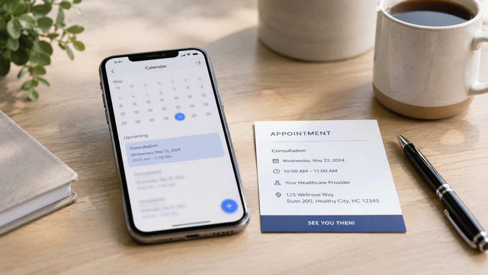 Smartphone com aplicativo de agenda e cartão impresso exibindo informações de uma consulta médica agendada.