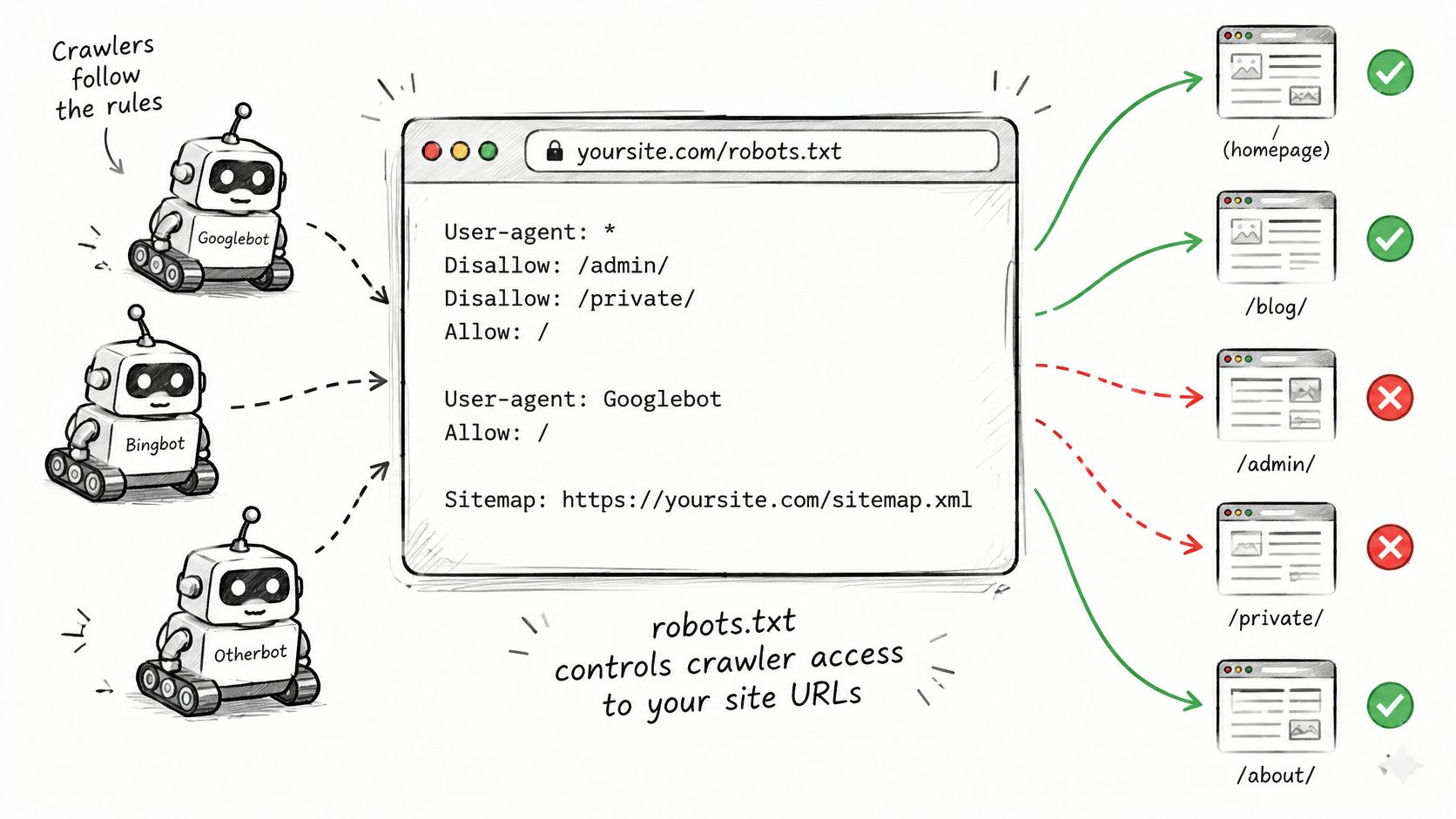 An illustration demonstrating how a robots.txt file manages search engine crawlers access to specific website pages.