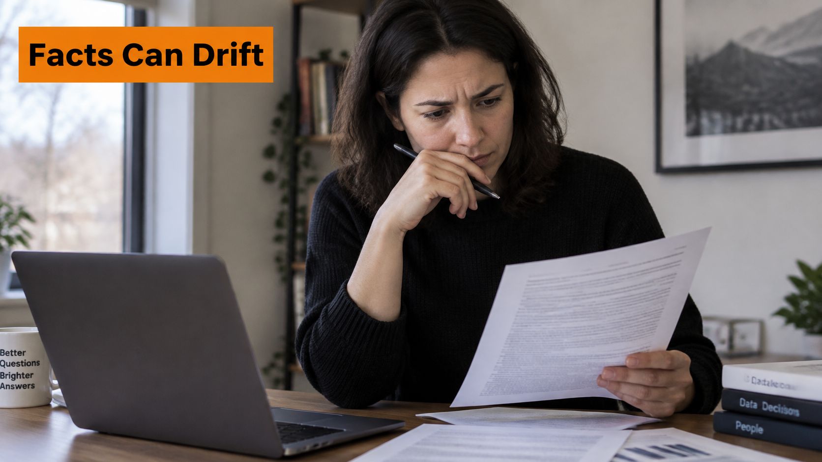 A concerned woman analyzing business documents at her desk with a laptop and books nearby.