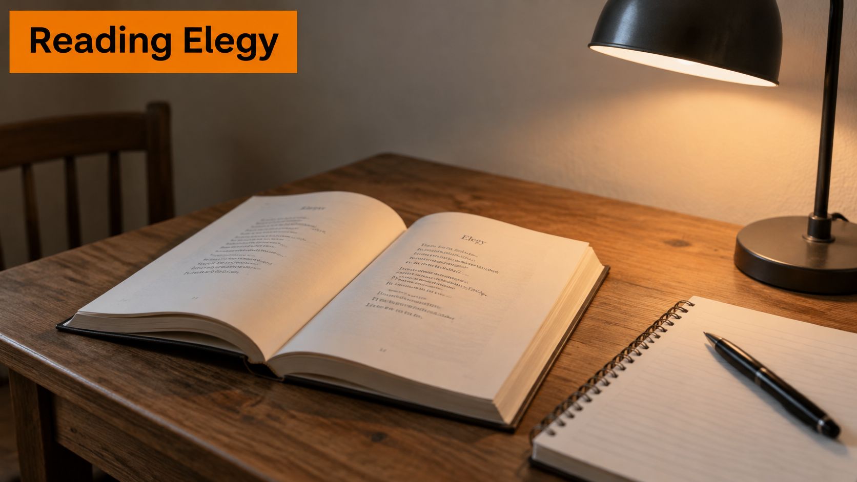 An open book titled Elegy resting on a wooden desk next to a notebook and pen.