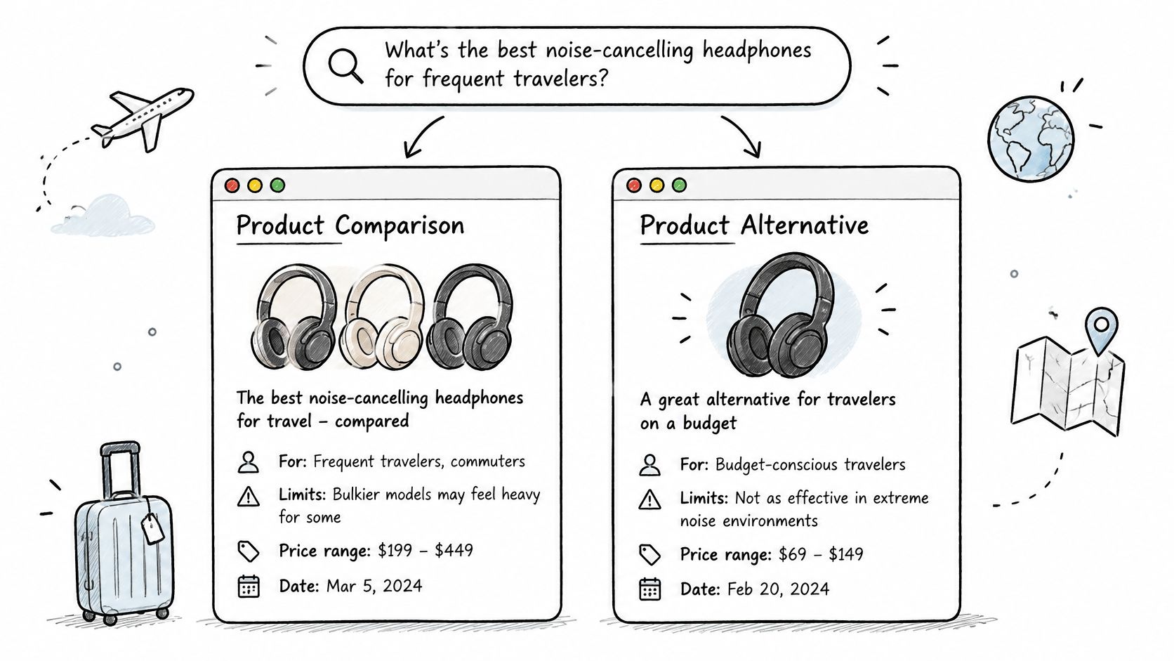 An illustration comparing high-end and budget-friendly noise-cancelling headphones for travelers with key details for each category.