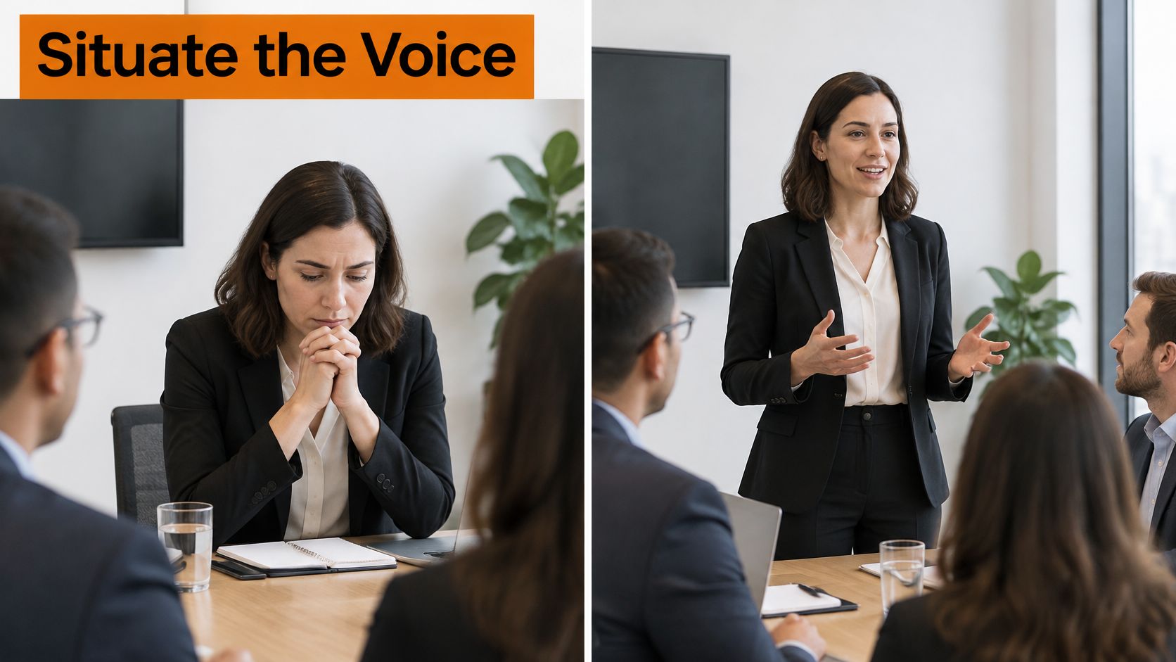 A businesswoman showing two contrasting emotional states during a professional meeting with colleagues in an office.