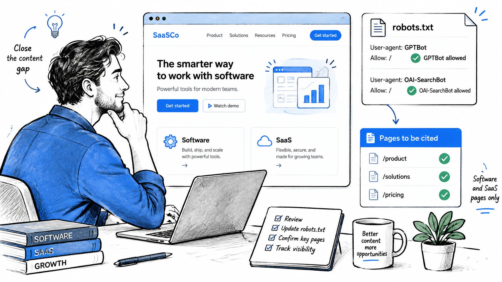 A professional desk setting illustrating how to optimize SaaS website content for AI search and GPT visibility.