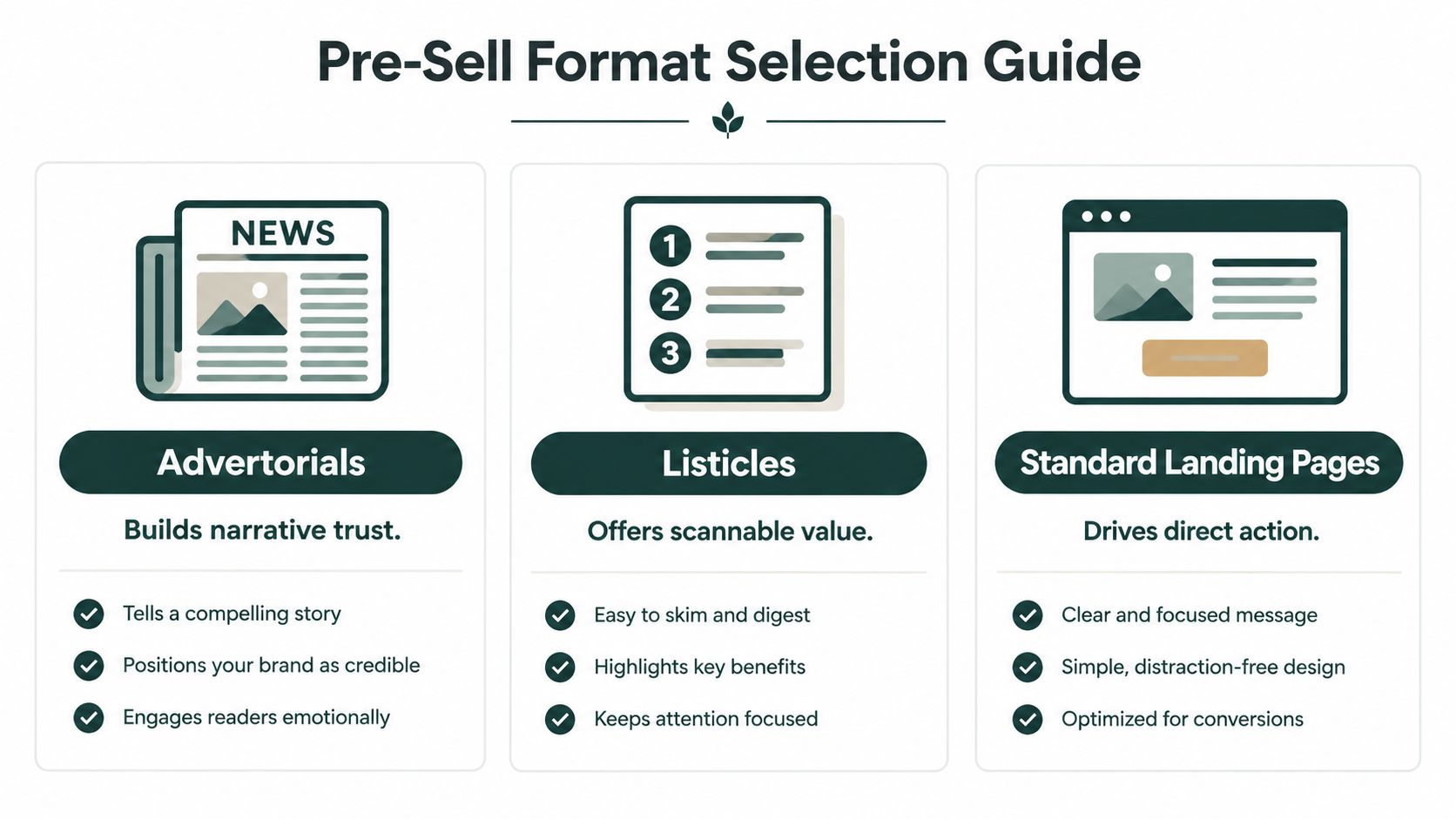 A visual guide comparing three pre-sell marketing formats including advertorials, listicles, and standard landing pages.