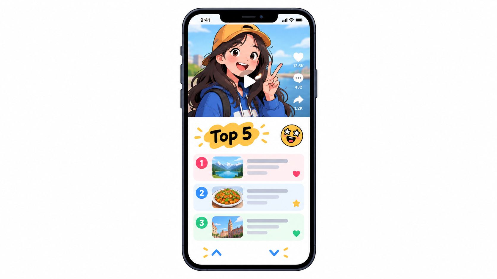 A smartphone screen displaying a social media video interface with a top five list ranking