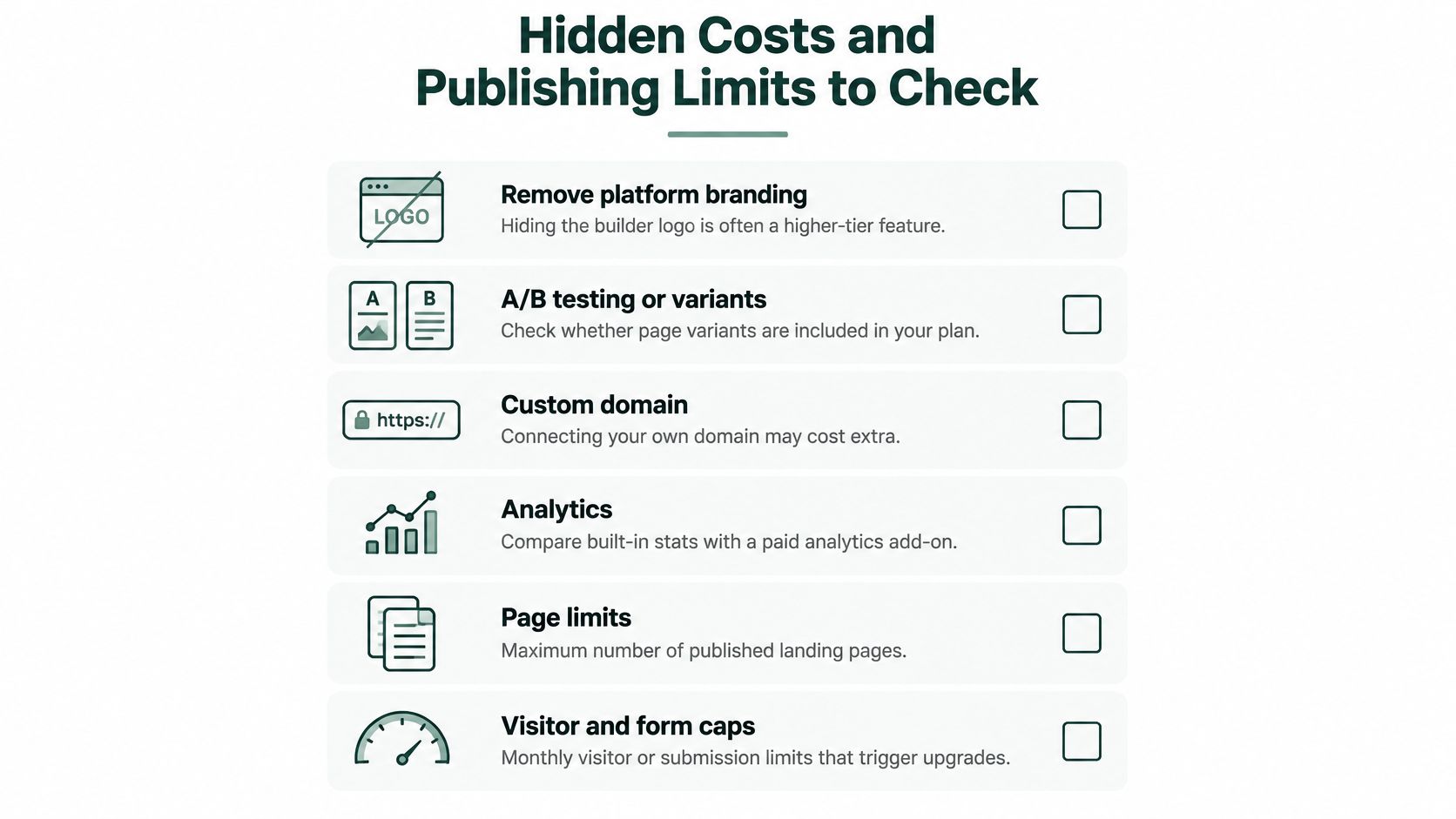 A checklist for evaluating landing page builder platform costs and common publishing limitations to consider.
