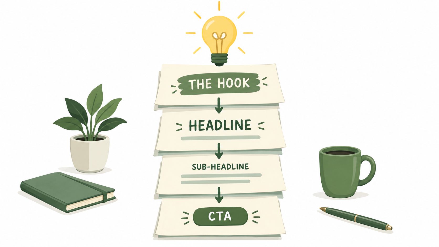 A diagram illustrating a content marketing hierarchy with sections for a hook, headline, sub-headline, and call to action.