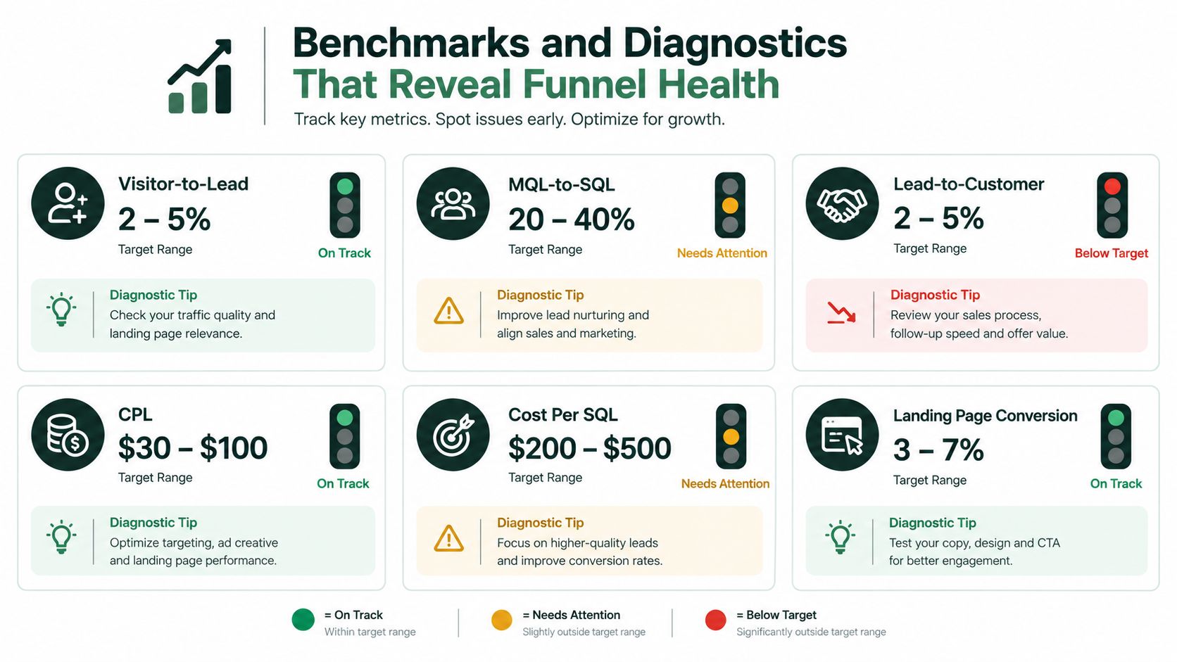 An infographic showing six key performance indicators for funnel health with target ranges and diagnostic tips.