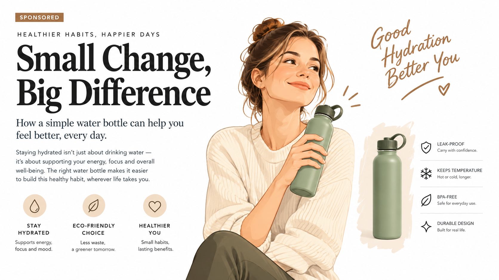 A woman smiling and holding a green reusable water bottle, promoting healthy hydration habits for well-being.
