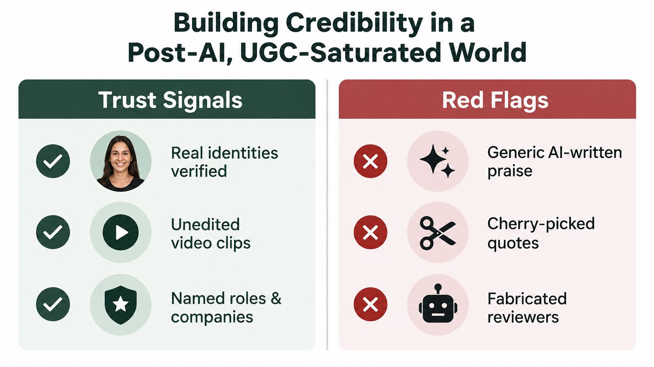 A comparison chart showing trust signals like real identities and red flags like AI-written reviews.