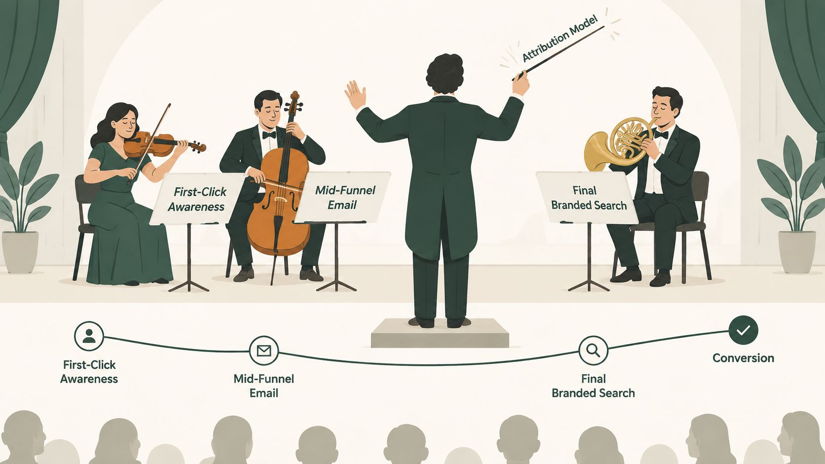 A conductor directing musicians labeled First-Click Awareness, Mid-Funnel Email, and Final Branded Search in a conversion funnel.