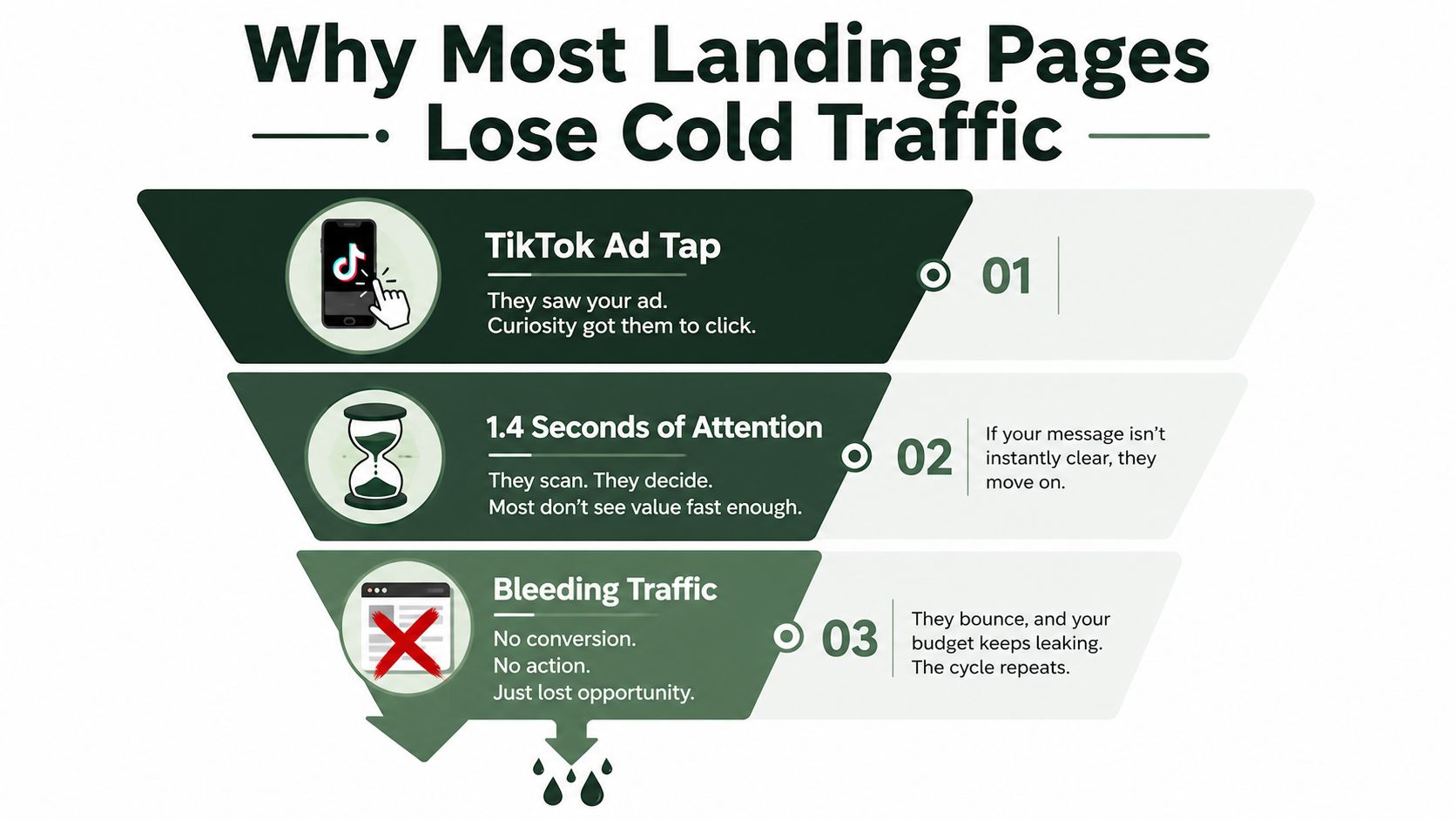 A funnel infographic explaining why landing pages lose cold traffic from TikTok ads due to low attention.
