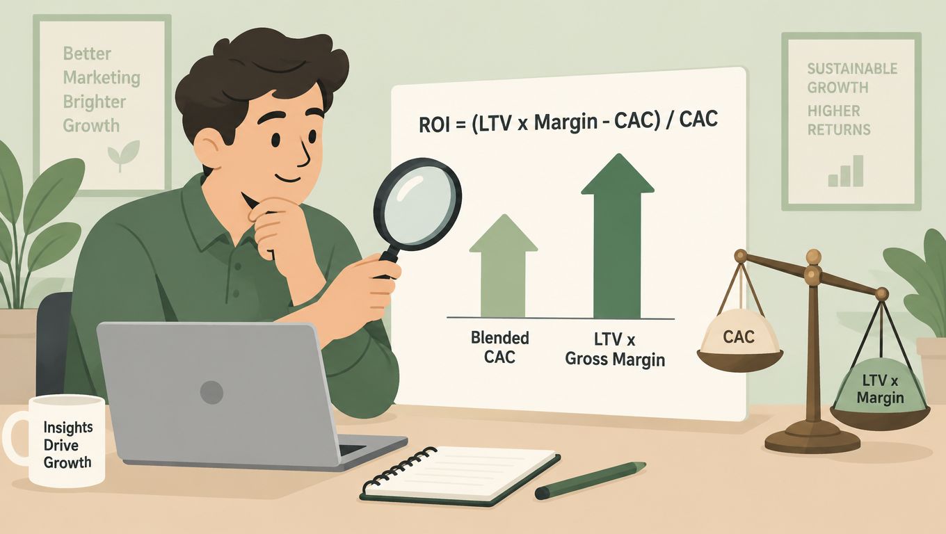 A professional analyzing marketing ROI calculations on a whiteboard with laptop and scales for business growth.