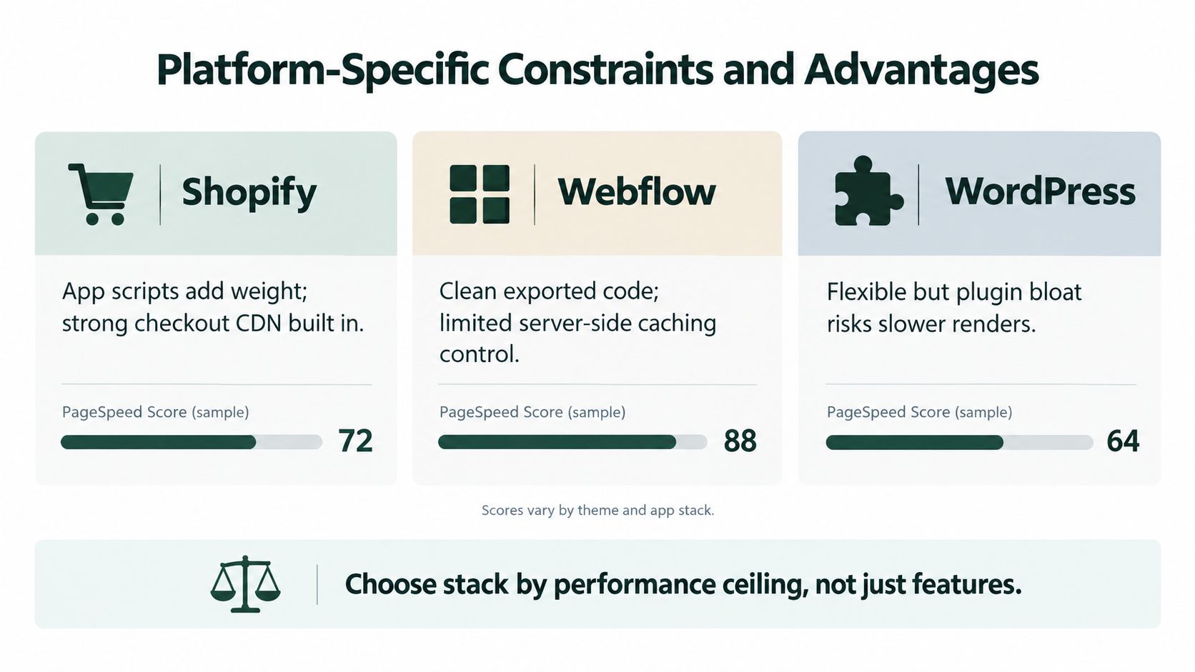 A comparison chart showing performance scores and constraints for Shopify, Webflow, and WordPress website platforms.