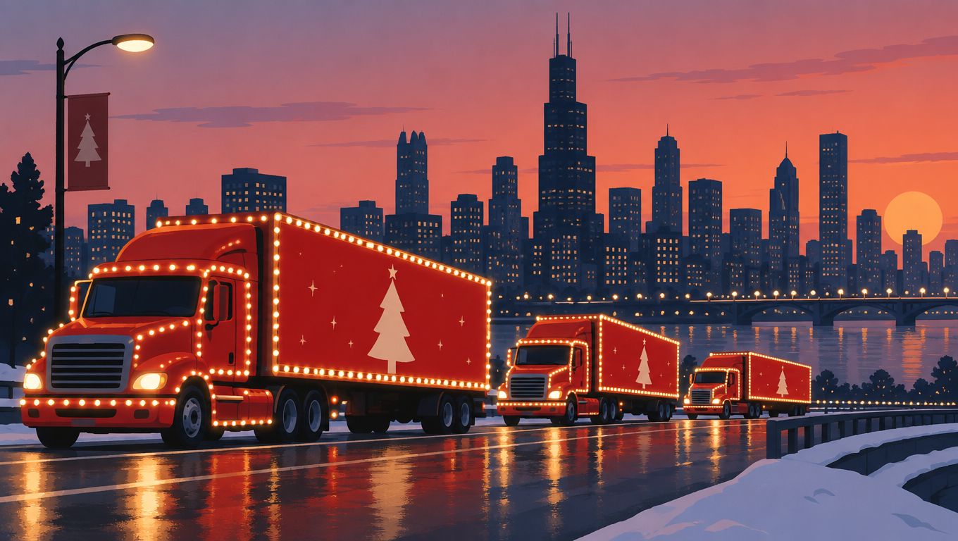 A row of festive red holiday trucks decorated with fairy lights traveling along a city bridge at sunset.