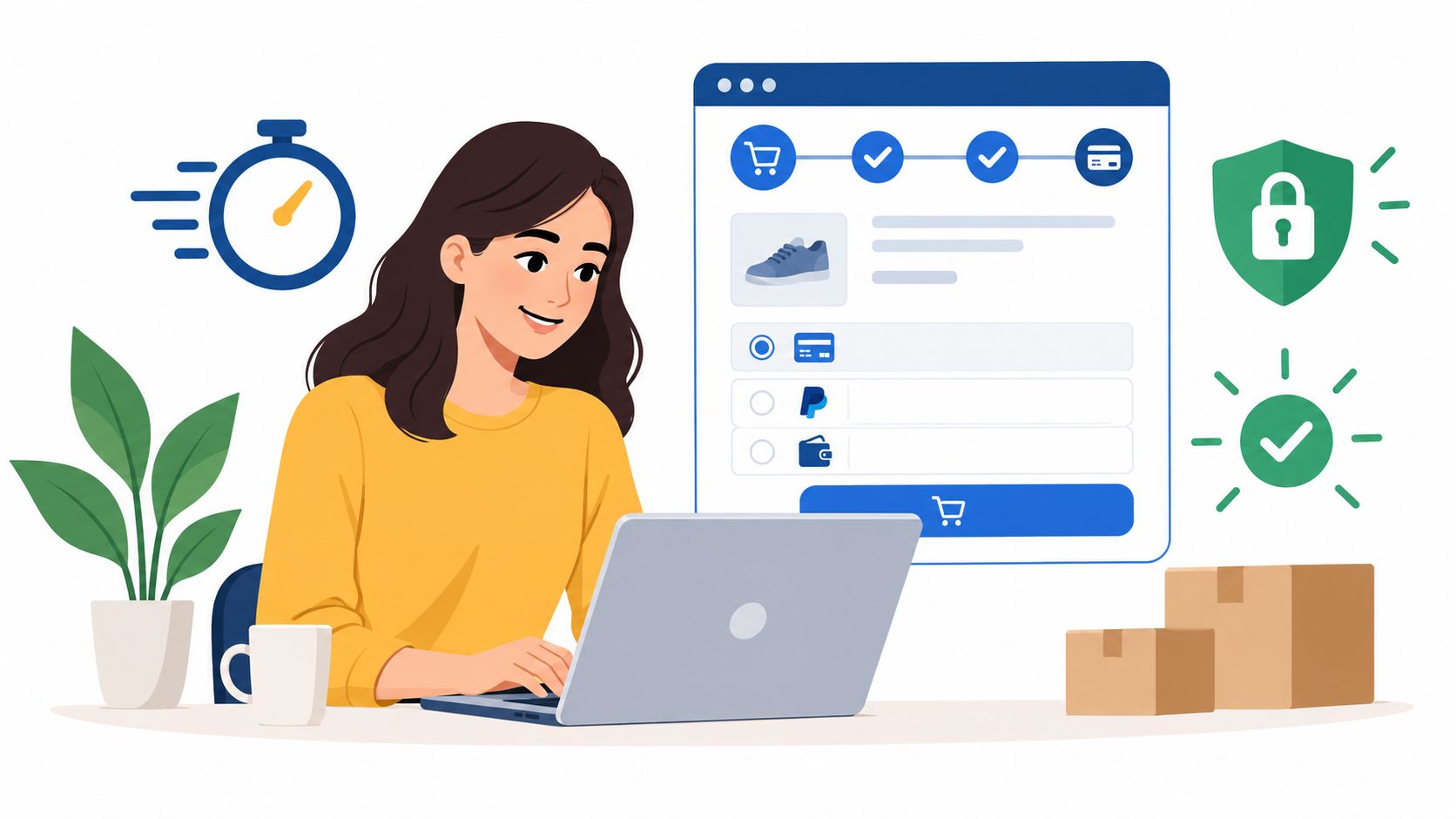 A woman shopping online on her laptop with icons representing fast shipping, secure payment, and order confirmation.