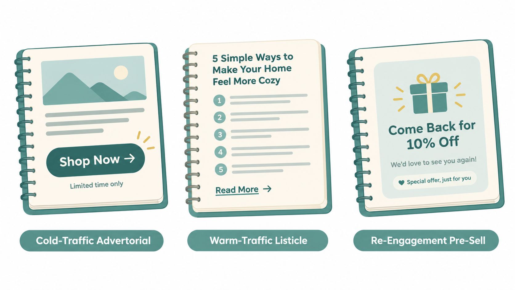 A graphic illustration showing three different types of marketing call to action strategies for various website visitors.
