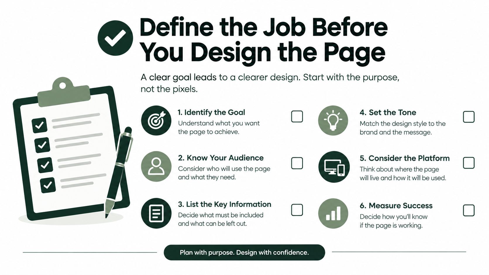 A checklist infographic titled Define the Job Before You Design the Page outlining six essential planning steps.