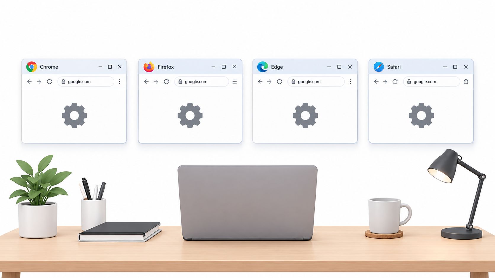 A clean wooden desk with a laptop, plant, and four web browser windows showing settings icons.