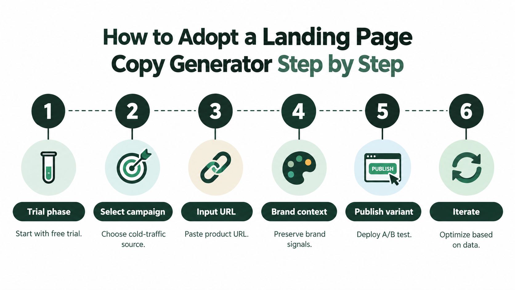 A six-step infographic guide explaining how to adopt a landing page copy generator for marketing campaigns.