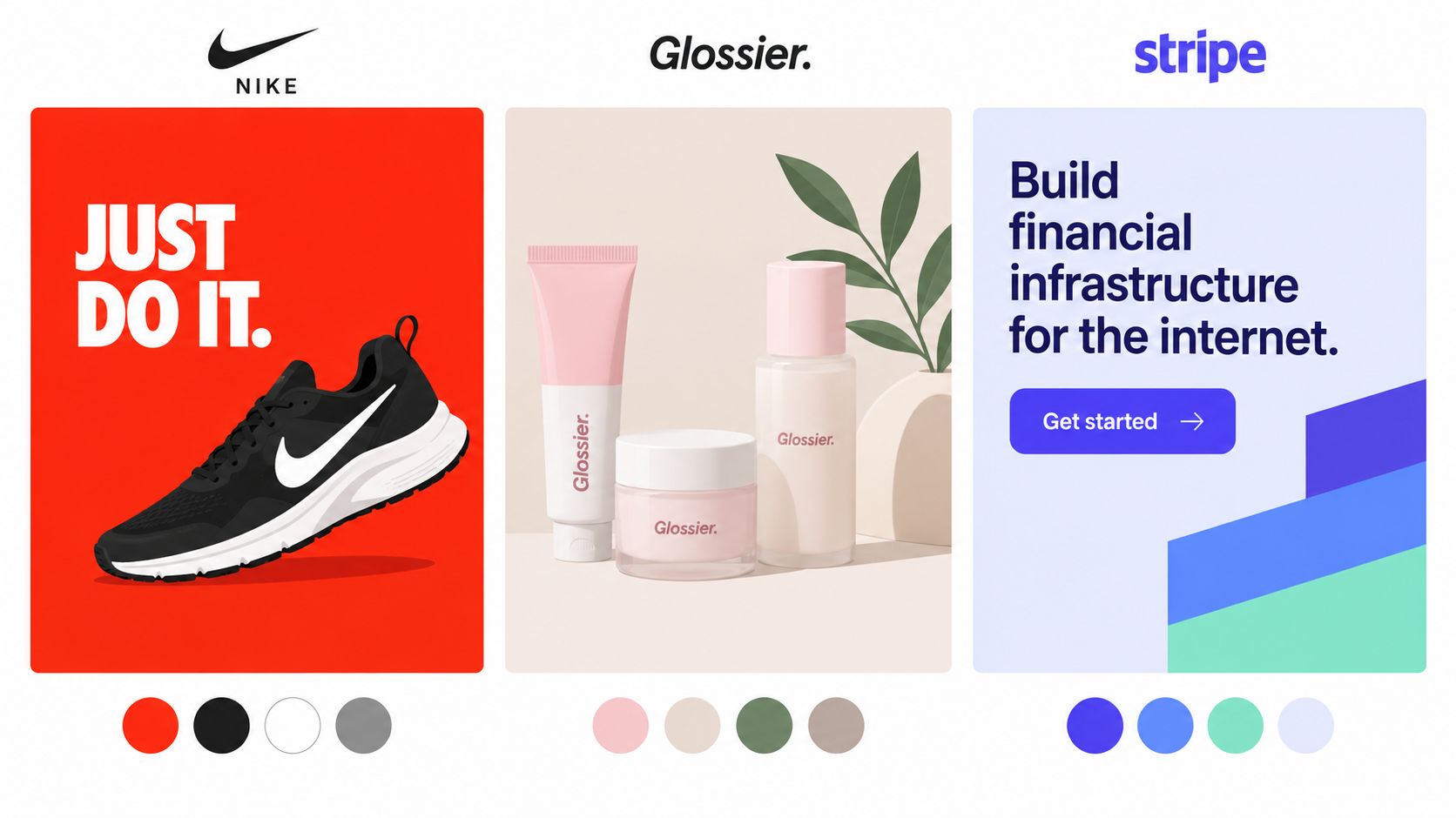 A visual comparison of branding color schemes for Nike, Glossier, and Stripe advertising campaigns.