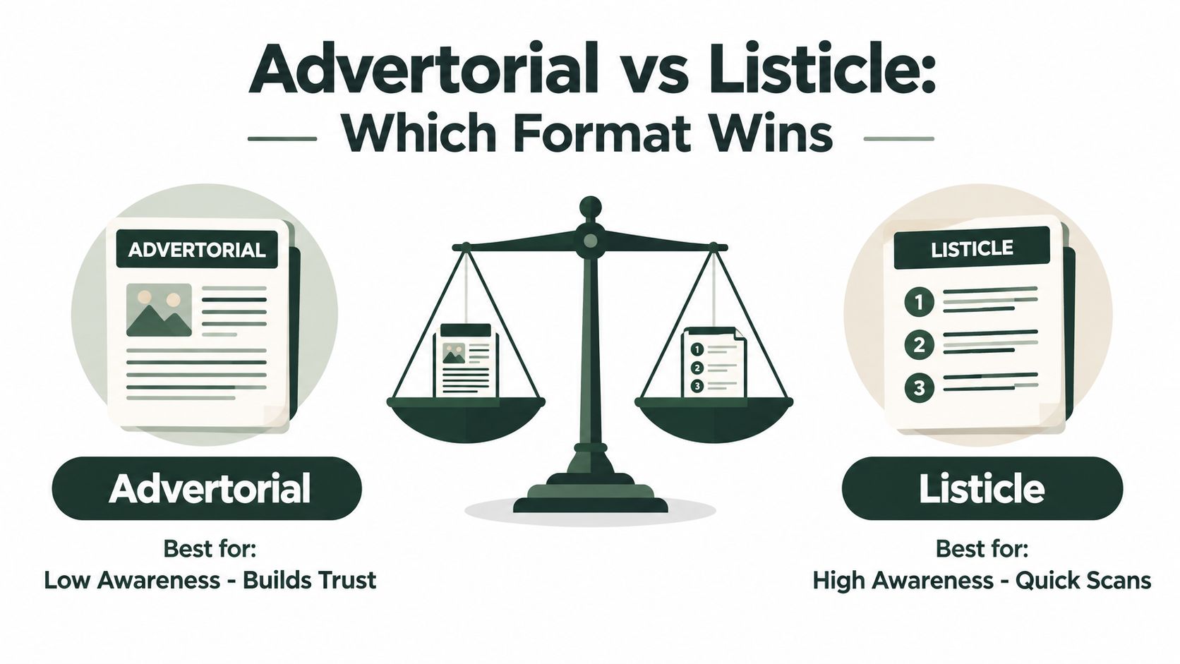 A comparison infographic showing an advertorial and a listicle on a scale to decide which format wins.