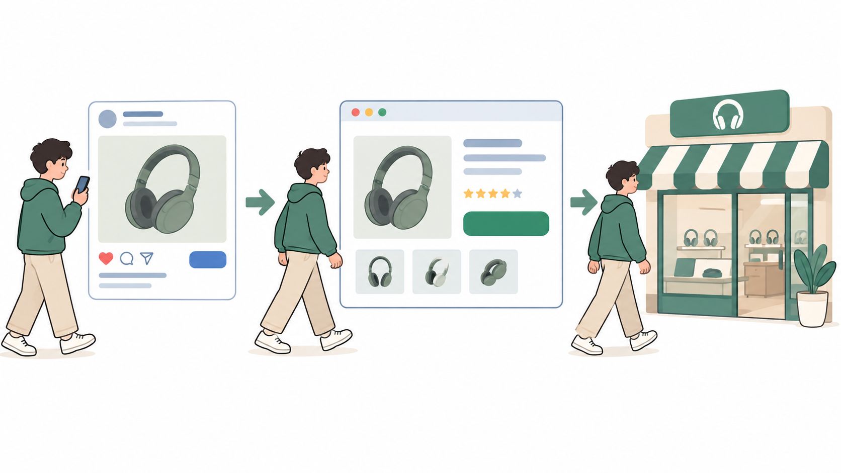 A conceptual illustration showing a customer journey from social media ad to product website and physical store.